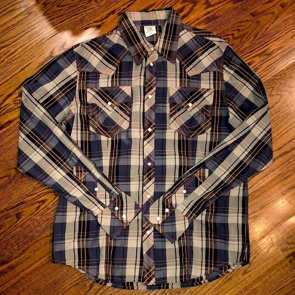 TRUE RELIGION Long Sleeve Navy Tan Orange Plaid Western Button Down Shirt 3XL - Picture 2 of 10